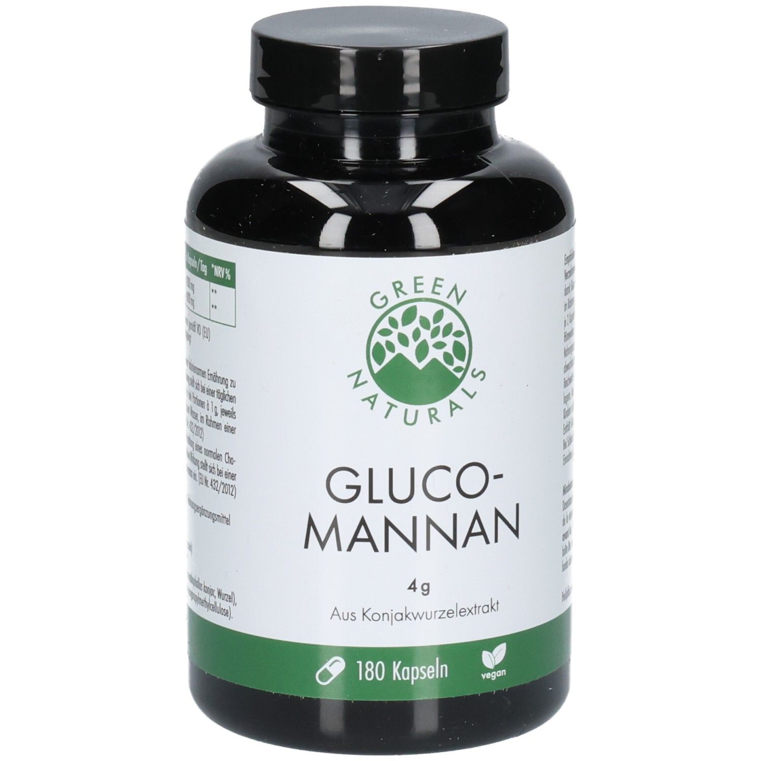 Schwarze Flasche mit grünem Etikett. Aufschrift: GREEN NATURALS, GLUCO-MANNAN 4g, 180 Kapseln, vegan.