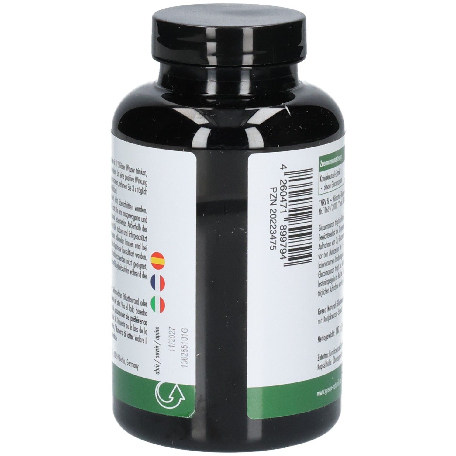 Schwarze Flasche mit grünem Etikett. Aufschrift: PZN, Chargennummer, Haltbarkeitsdatum, vegan.