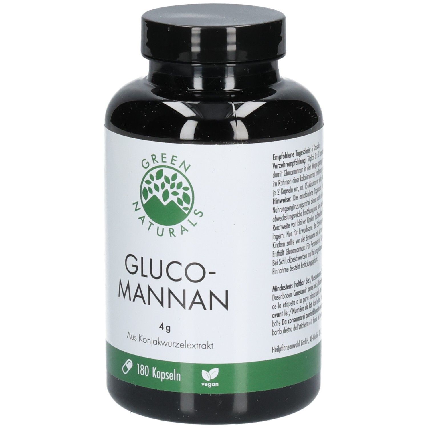 Schwarze Flasche mit grünem Etikett. Aufschrift: GREEN NATURALS, GLUCO-MANNAN 4g, 180 Kapseln, vegan.