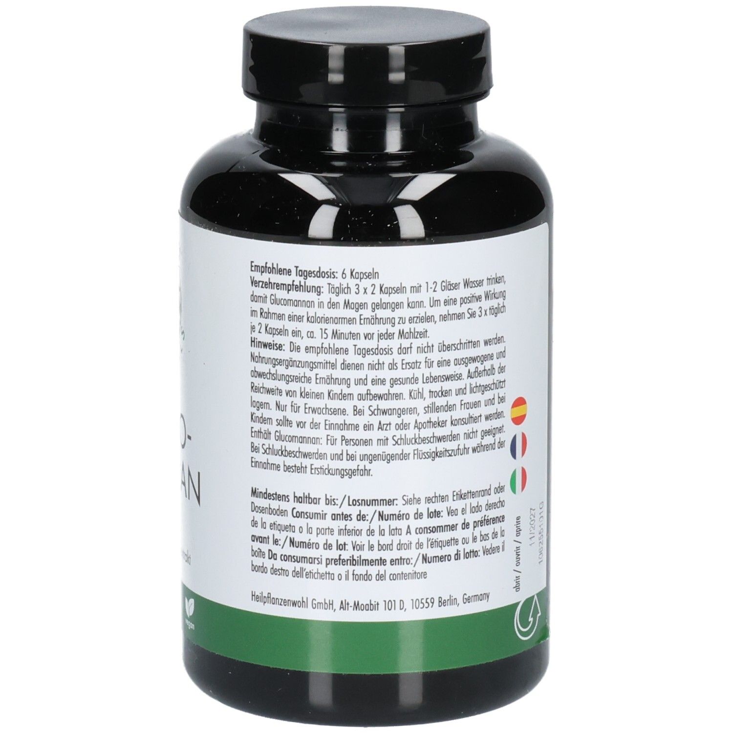 Rückseite der Flasche. Aufschrift: Verzehrempfehlung, Hinweise, Mindesthaltbarkeit, vegan.
