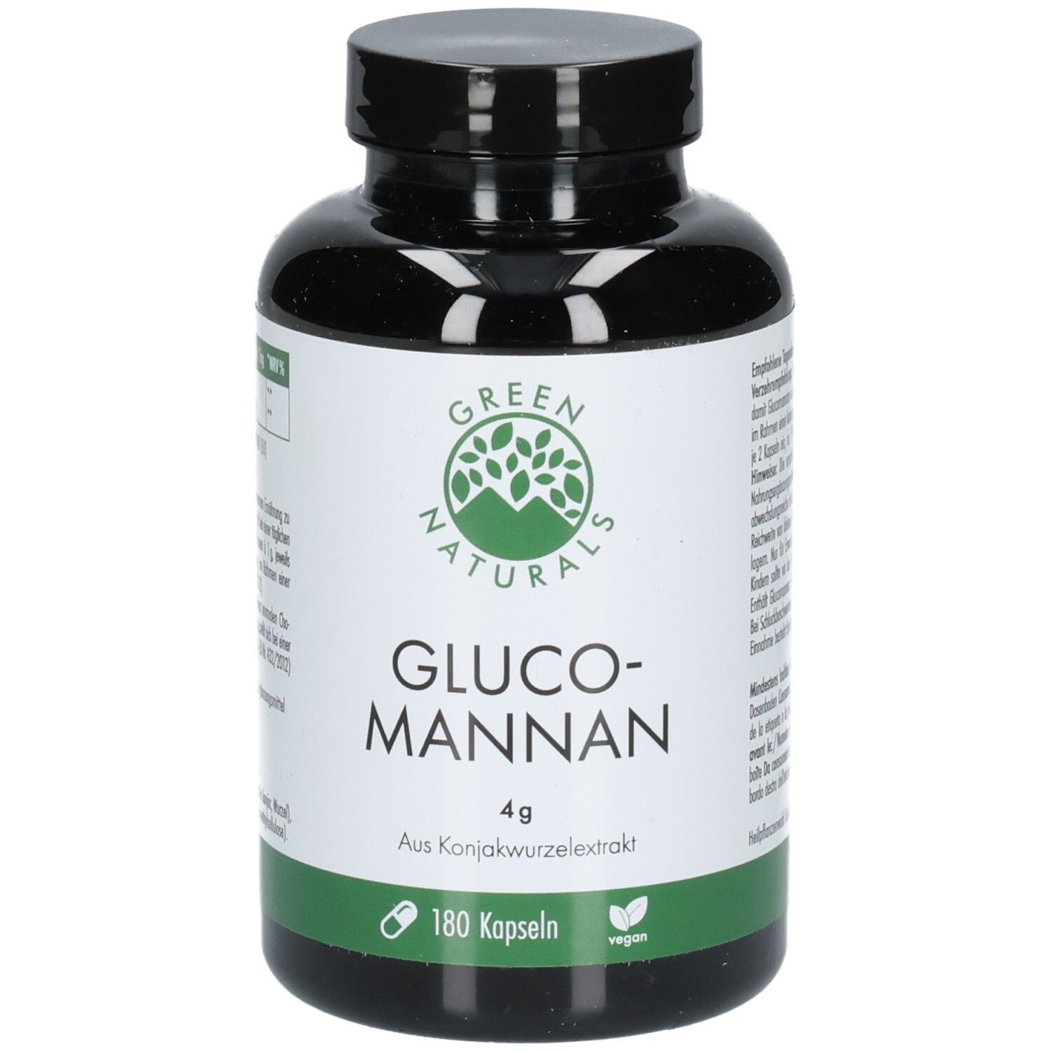 Schwarze Flasche mit grünem Etikett. Aufschrift: GREEN NATURALS, GLUCO-MANNAN 4g, 180 Kapseln, vegan.