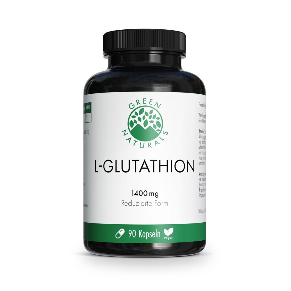Schwarze Dose mit L-Glutathion 1400 mg, reduzierte Form, 90 Kapseln, vegan.