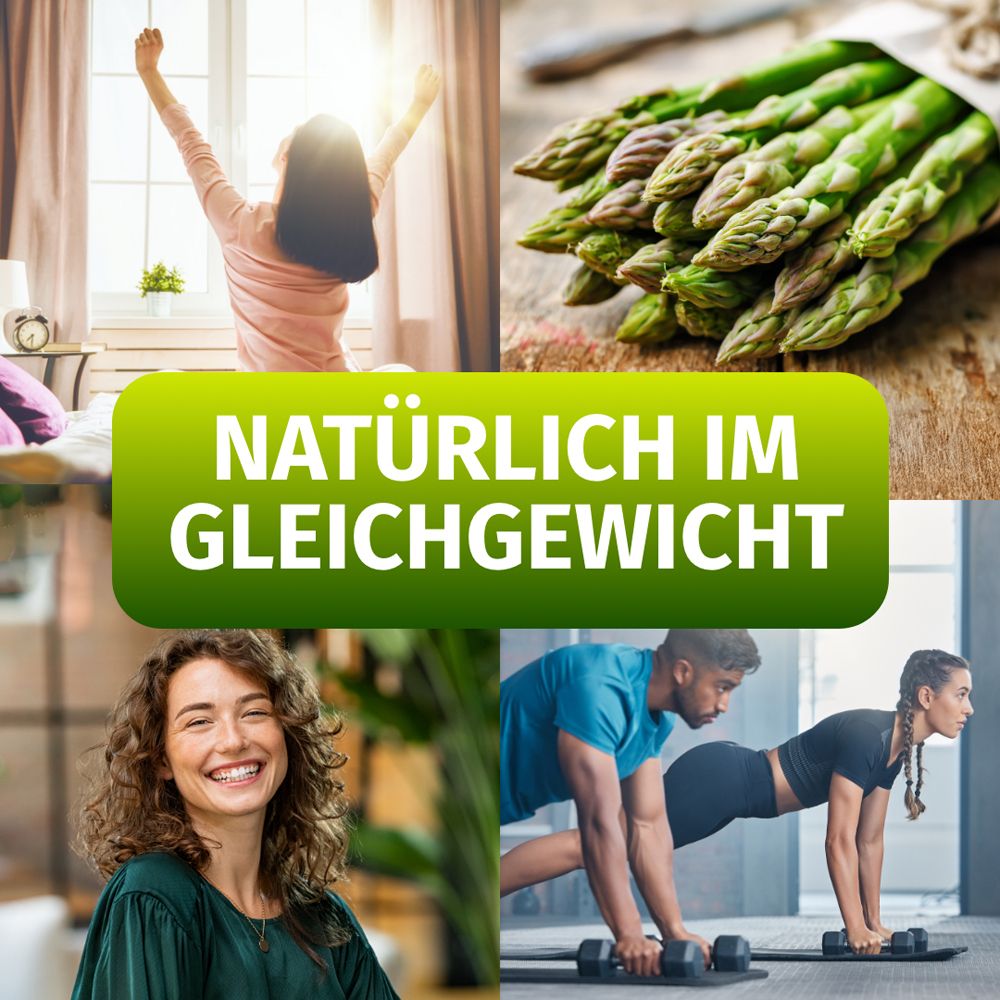 Collage: Frau streckt sich, Spargelbündel, Frau lächelt, Sportler beim Training. Text: Natürlich im Gleichgewicht.