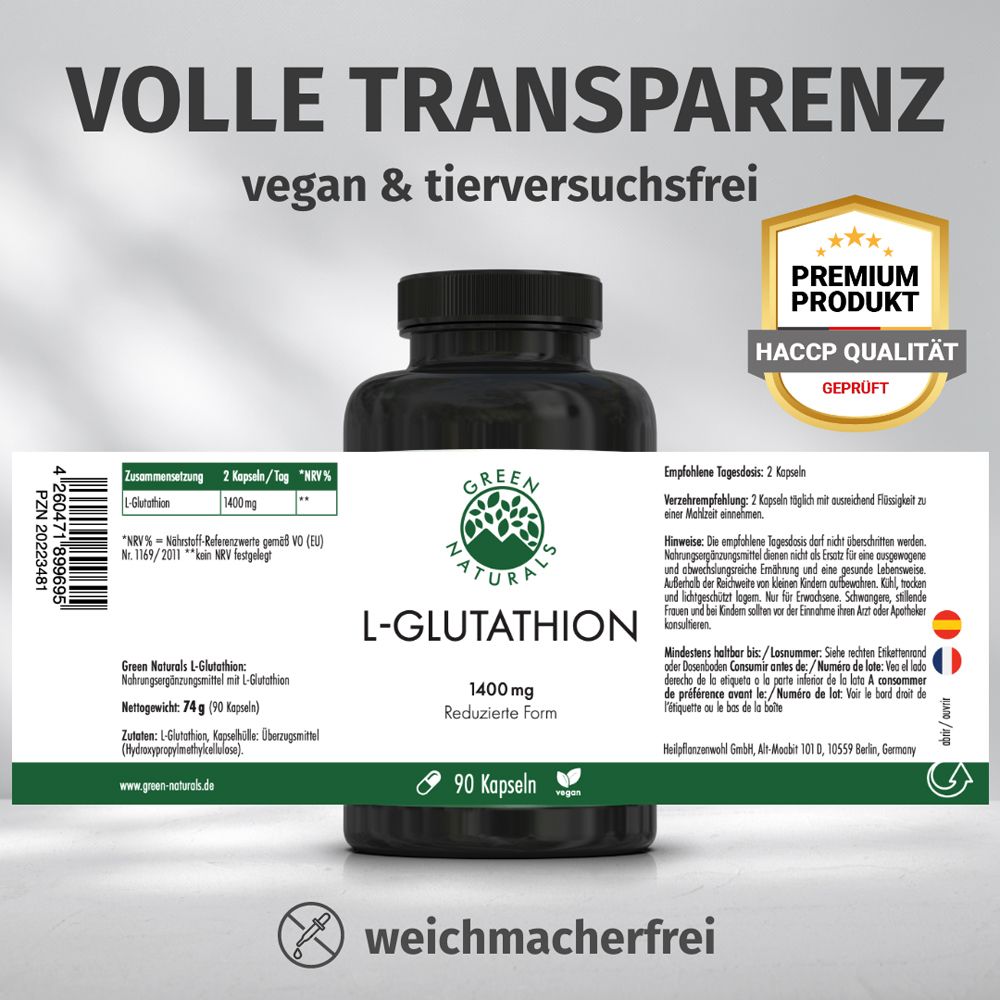 Dose mit Etikett: L-Glutathion 1400 mg, reduzierte Form, 90 Kapseln. Text: Volle Transparenz, vegan & tierversuchsfrei.