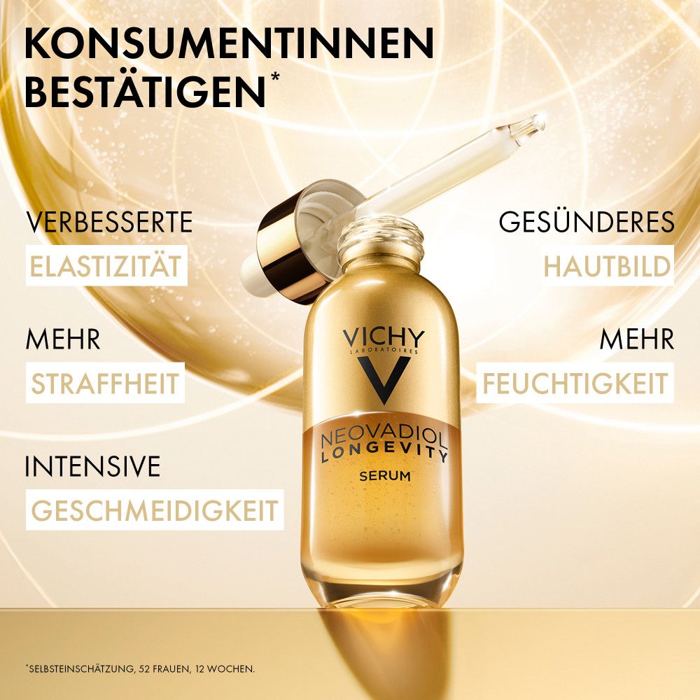 Goldene Serumflasche mit Pipette. Text: 'Verbesserte Elastizität', 'Mehr Straffheit', 'Intensive Geschmeidigkeit'.