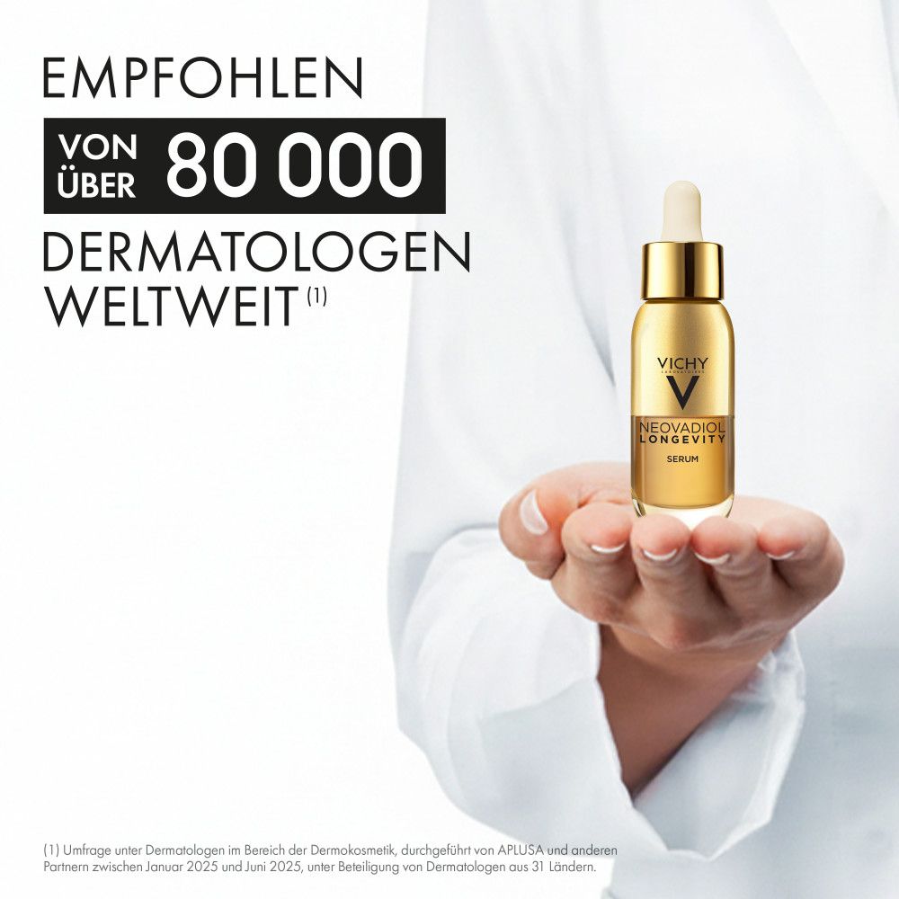 Goldene Pipettenflasche mit Vichy Neovadiol Longevity Serum. Empfohlen von 80.000 Dermatologen.