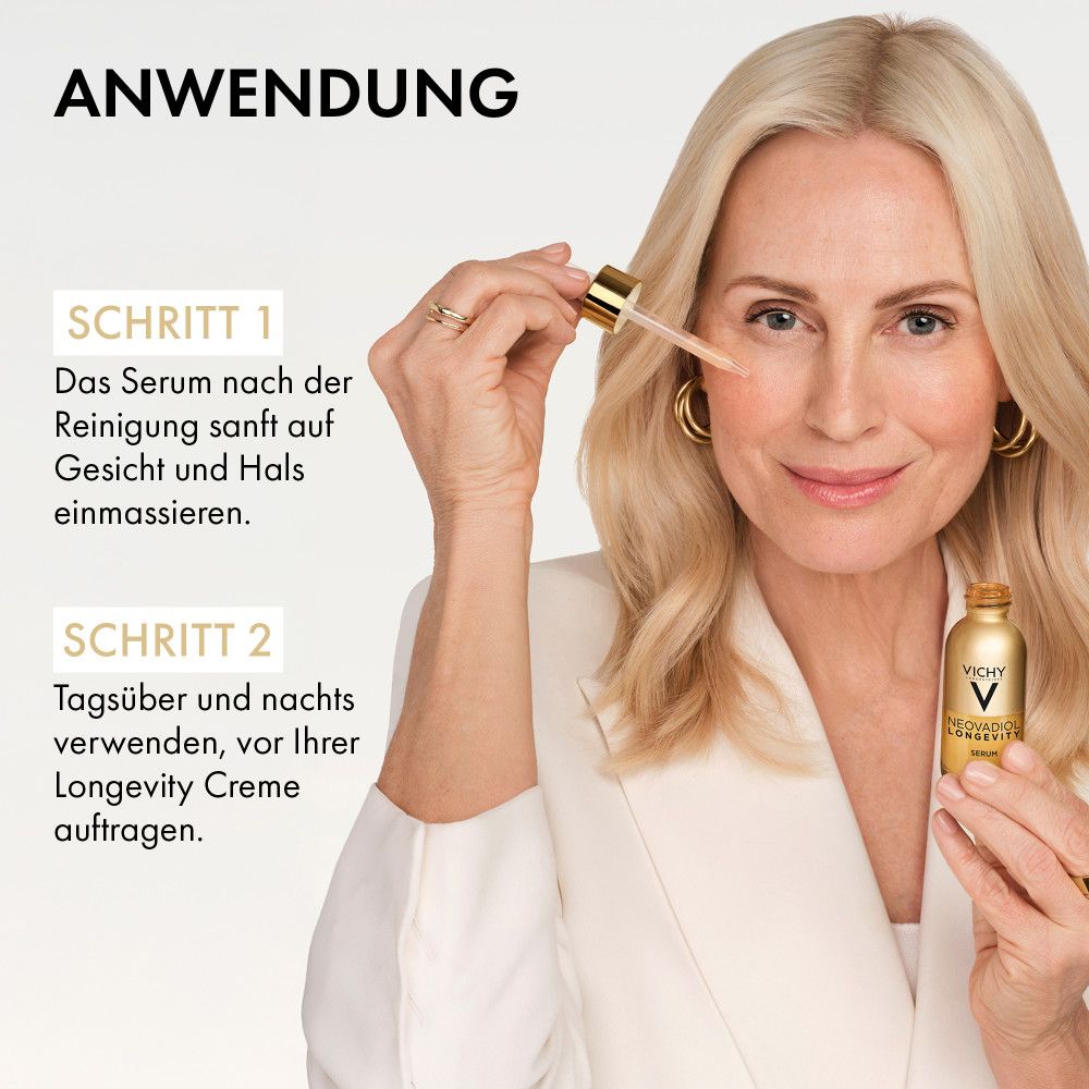 Frau mit Pipette, die Serum auf ihr Gesicht aufträgt. Fläschchen mit Vichy-Logo sichtbar.