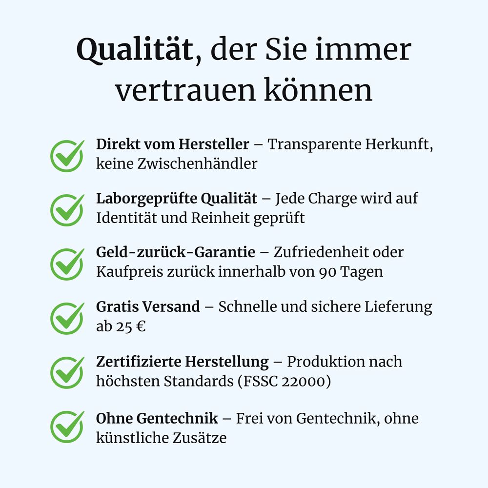 Qualitätsmerkmale von VertiVia: Hergestellt in Deutschland, ISO-zertifiziert, laborgeprüft, Geld-zurück-Garantie, zertifizierte Herstellung.