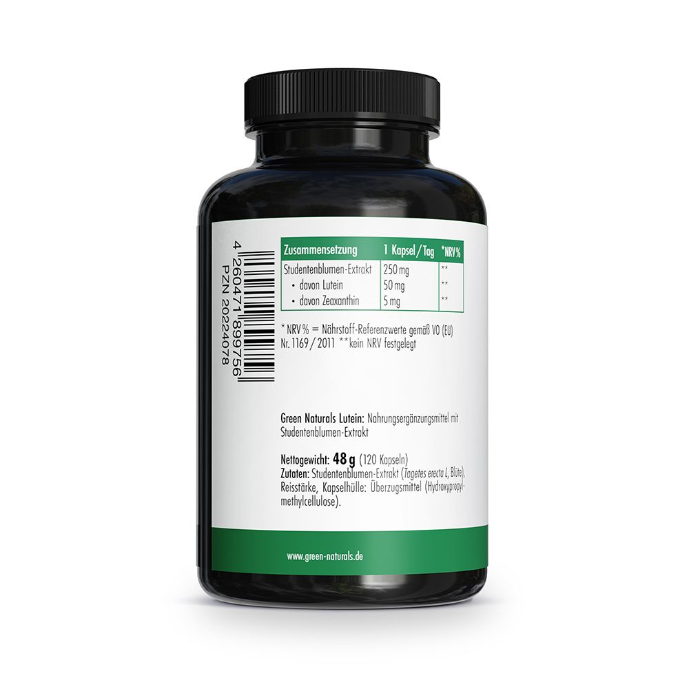 Rückseite Flasche: Zutaten (250mg Studentenblumen-Extrakt, 50mg Lutein, 5mg Zeaxanthin), 120 Kapseln.
