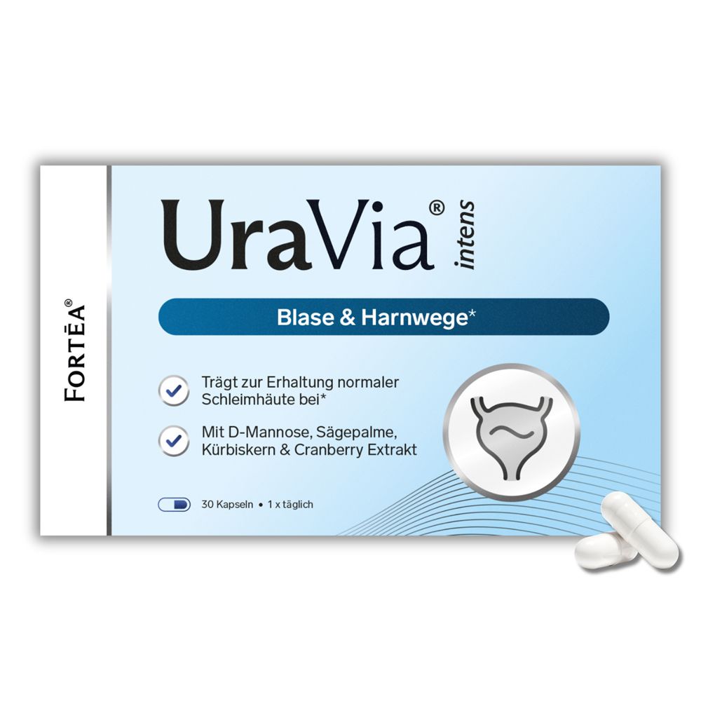 Verpackung von FORTEA® UraVia® intens Blase & Harnwege mit 30 Kapseln.