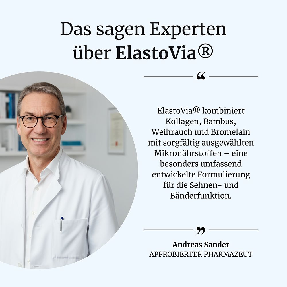 Porträt eines Apothekers neben Zitat über ElastoVia® Formulierung für Sehnen und Bänder.