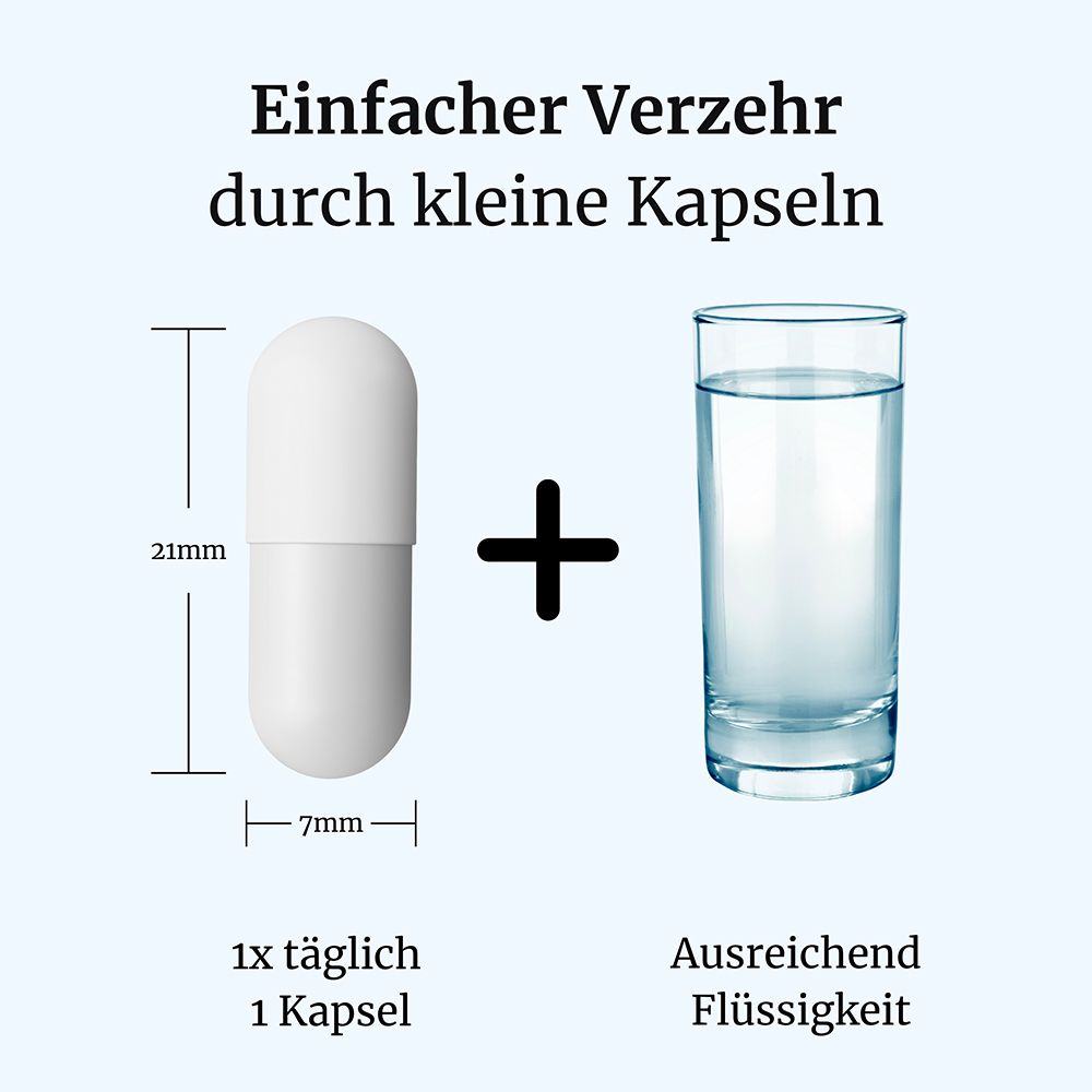 Eine Kapsel mit Maßen 21mm x 7mm neben einem Glas Wasser zur Einnahme.