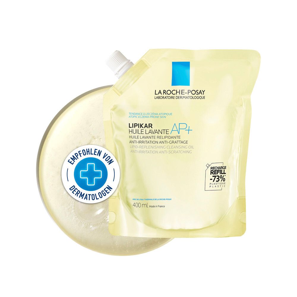 Nachfüllpackung La Roche-Posay Lipikar Dusch- und Badeöl AP+. Gelbe Verpackung mit weißem Verschluss. Empfohlen von Dermatologen.