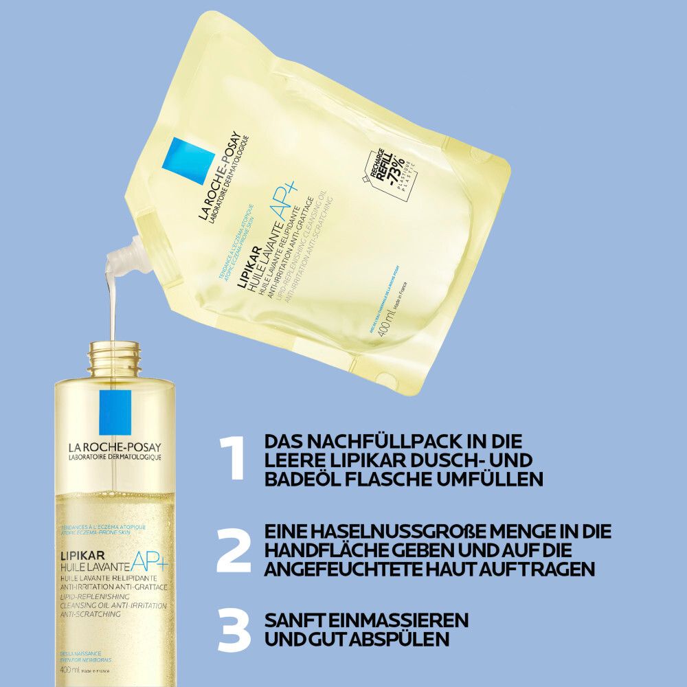 Anwendungshinweise: 1. Nachfüllpackung in leere Flasche füllen. 2. Haselnussgroße Menge auf feuchte Haut auftragen. 3. Sanft einmassieren und gut abspülen.