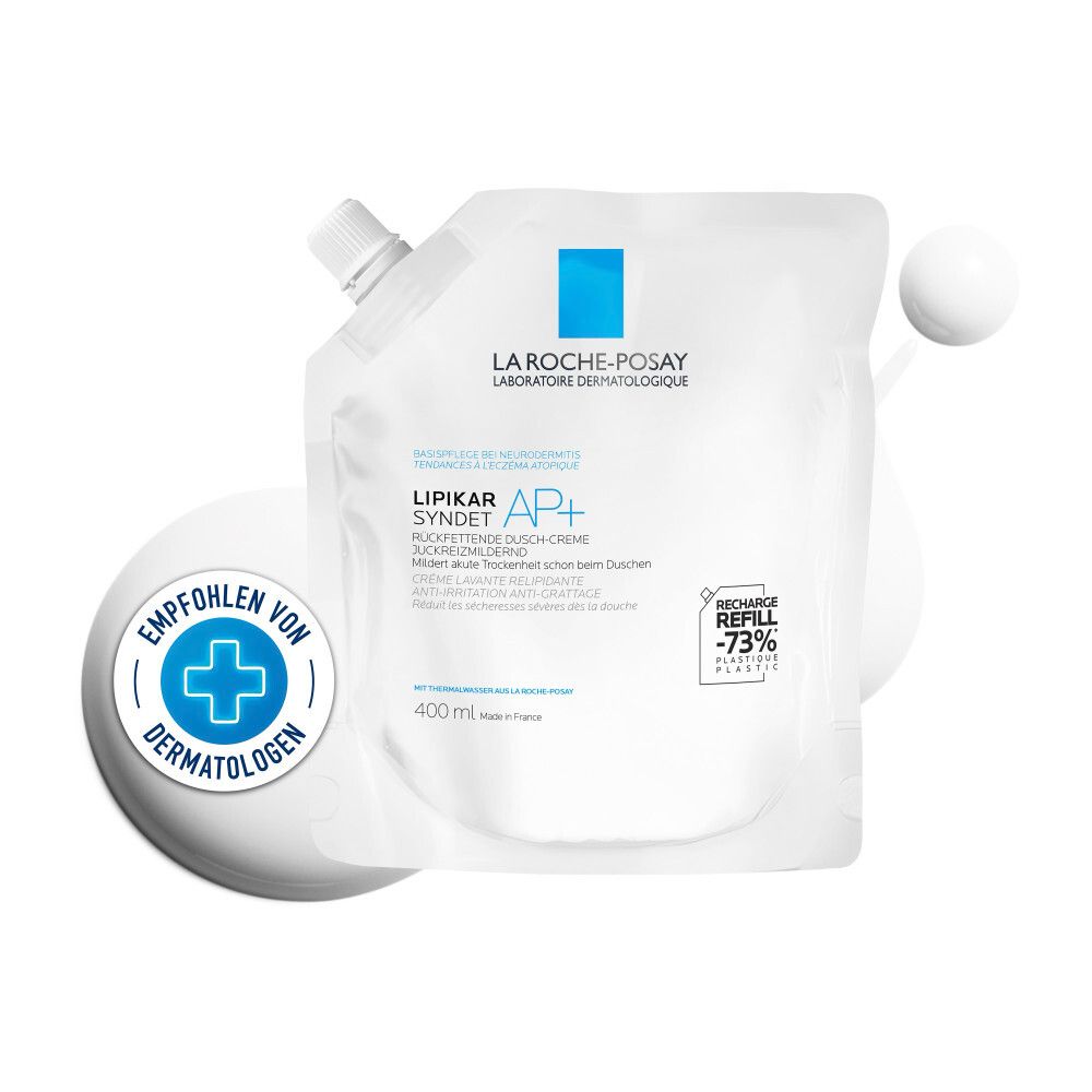 Nachfüllpackung La Roche-Posay Lipikar Syndet AP+. Weiße Beutel mit blauem Logo. Empfohlen von Dermatologen. 400 ml.