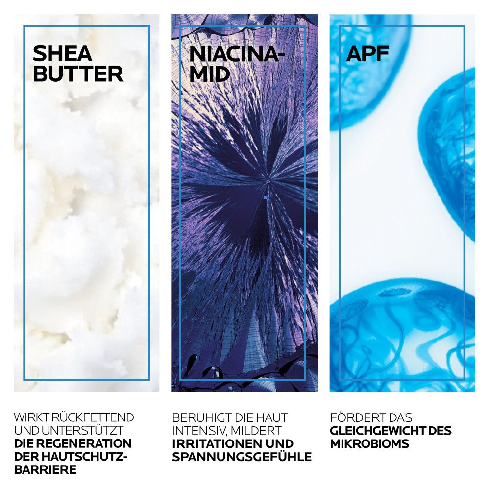 Drei Bereiche mit Inhaltsstoffen: Shea Butter, Niacinamid, APF. Text: Rückfettend, beruhigt, fördert Gleichgewicht.