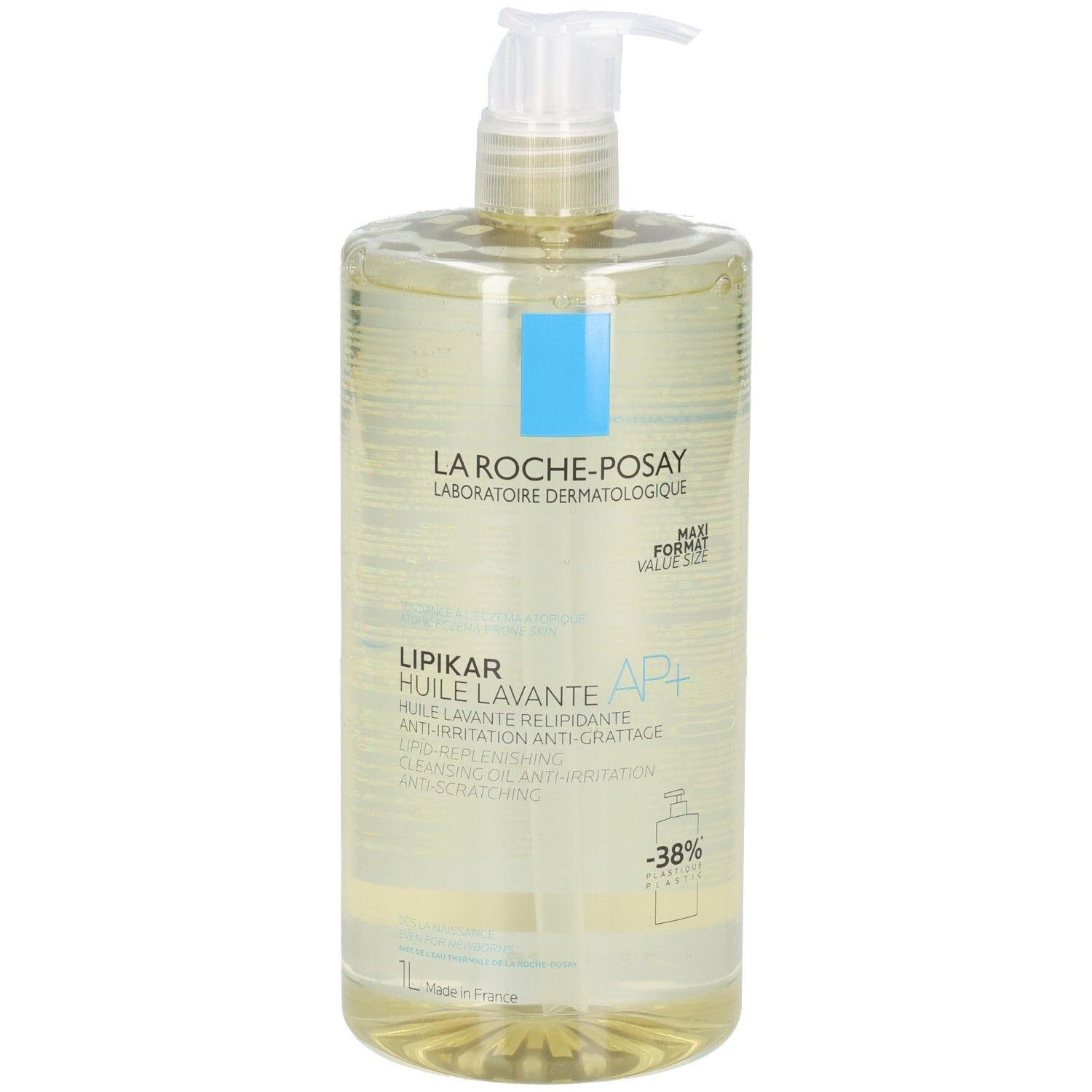 Transparente Flasche mit Pumpe. Aufschrift: LA ROCHE-POSAY, LIPIKAR, HUILE LAVANTE AP+. Enthält -38%.