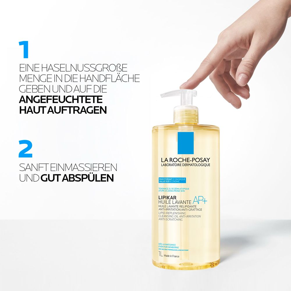 La Roche-Posay Lipikar Dusch- und Badeöl in 1L Flasche mit Pumpspender. Anleitung zur Anwendung auf der Haut.