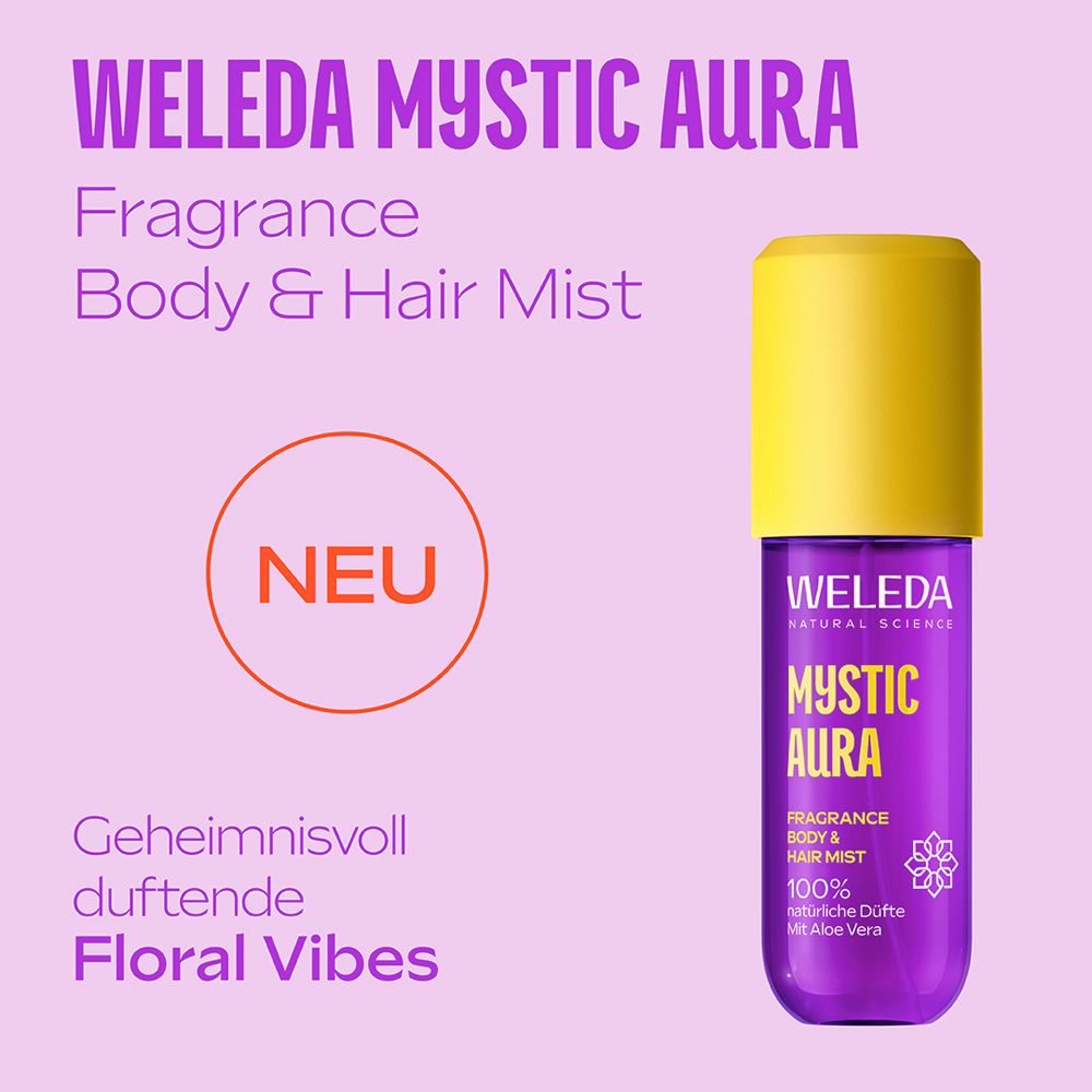 Lila Flasche mit gelbem Deckel. Text: WELEDA MYSTIC AURA, Fragrance Body & Hair Mist. Mit „NEU“.