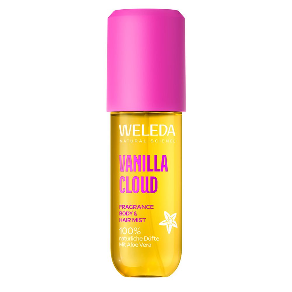 Weleda Vanilla Cloud Body & Hair Mist. Gelbe Flasche mit pinkfarbenem Deckel. Text: Vanilla Cloud, Fragrance Body & Hair Mist.