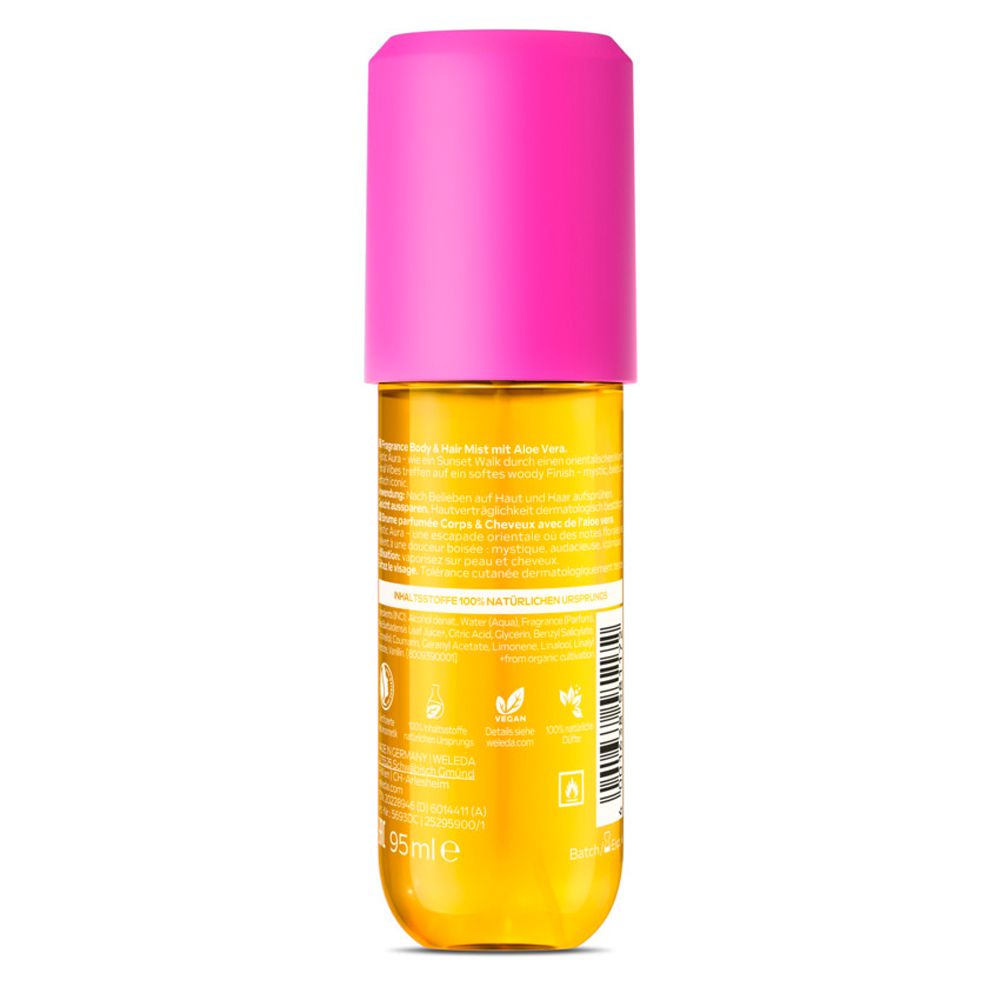 Rückseite der Weleda Vanilla Cloud Body & Hair Mist Flasche. Text: Inhaltsstoffe, Zertifizierungen, Barcode, 95 ml.