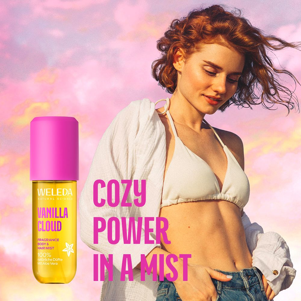 Weleda Vanilla Cloud Body & Hair Mist neben einer Frau. Text: Cozy Power in a Mist.