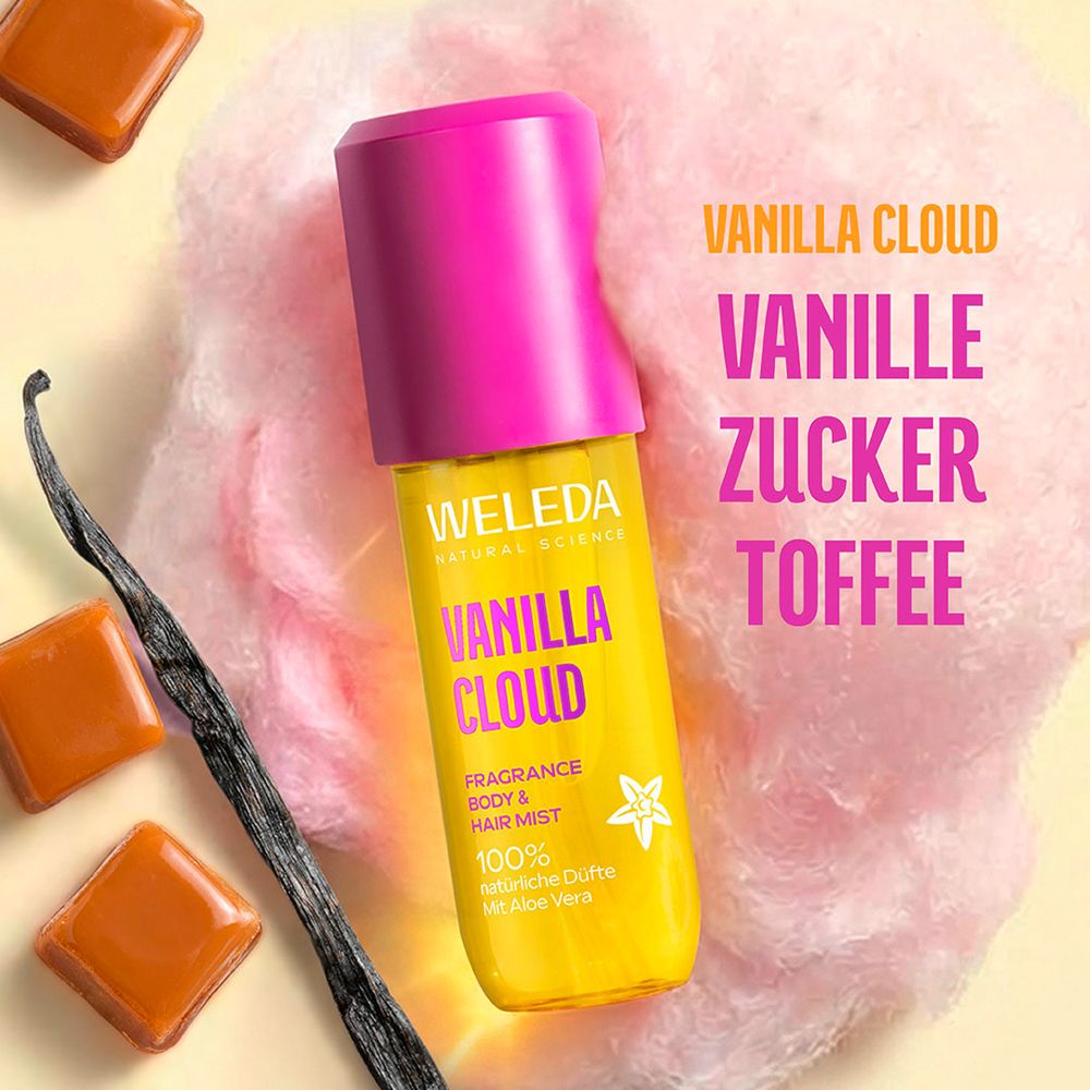 Weleda Vanilla Cloud Body & Hair Mist, umgeben von Süßigkeiten. Text: Vanille Zucker Toffee.