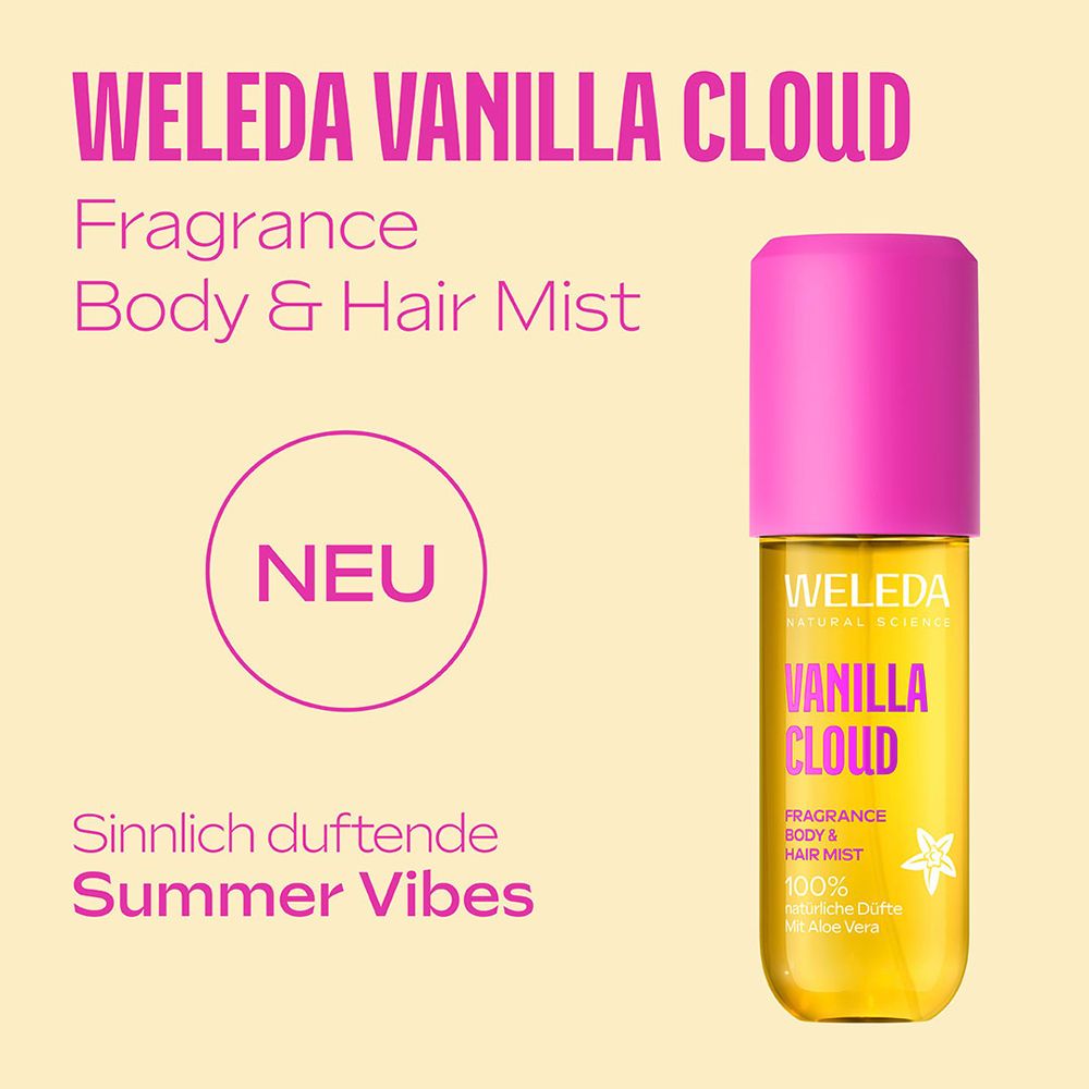 Weleda Vanilla Cloud Body & Hair Mist mit Text: Neu, Summer Vibes. Gelbe Flasche mit pinkfarbenem Deckel.