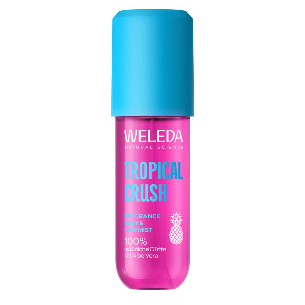 Weleda Tropical Crush Körperspray. Pinke Flasche mit blauem Deckel. Logo und Produktname sichtbar.