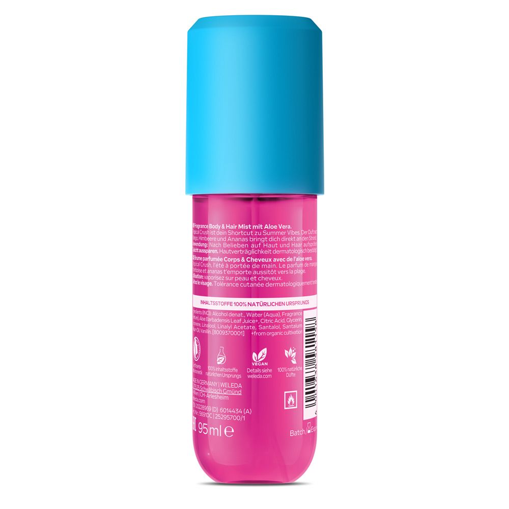Rückseite der Weleda Tropical Crush Flasche. Text in mehreren Sprachen. 95ml. Informationen zum Inhalt.
