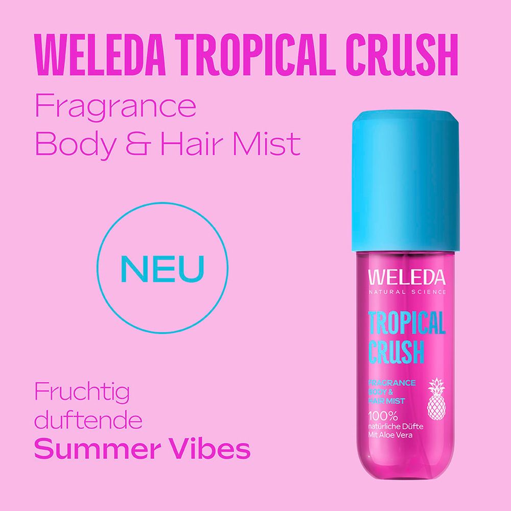 Weleda Tropical Crush Flasche. Text: Fragrance Body & Hair Mist. Pinker Hintergrund. Neu-Label.