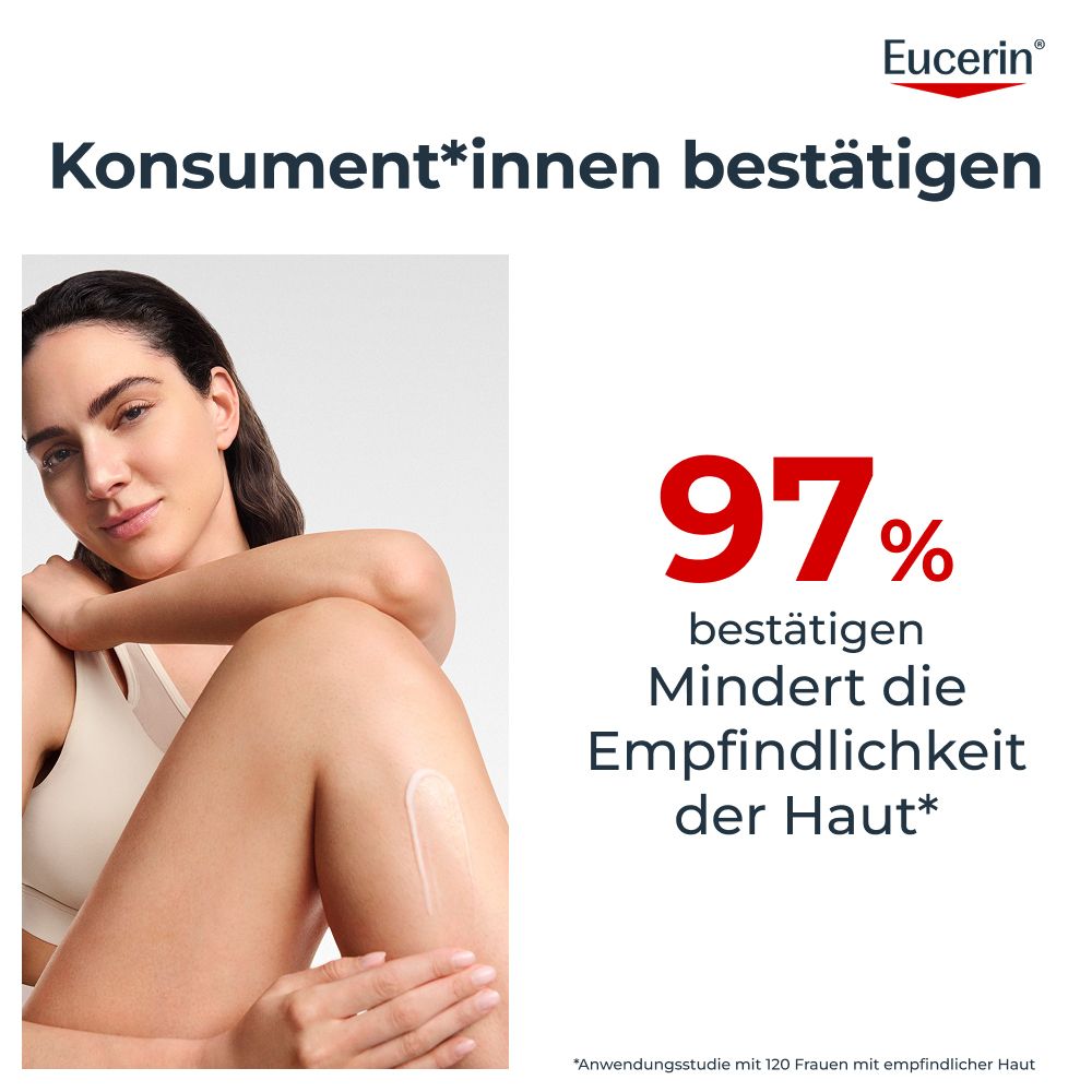 Frau mit glatter Haut, Eucerin Logo. 97% bestätigen mindert Empfindlichkeit.