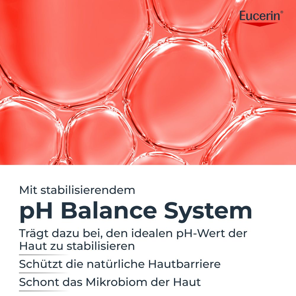 Abstrakte rote Bläschen. Eucerin Logo. Text: Mit stabilisierendem pH Balance System.