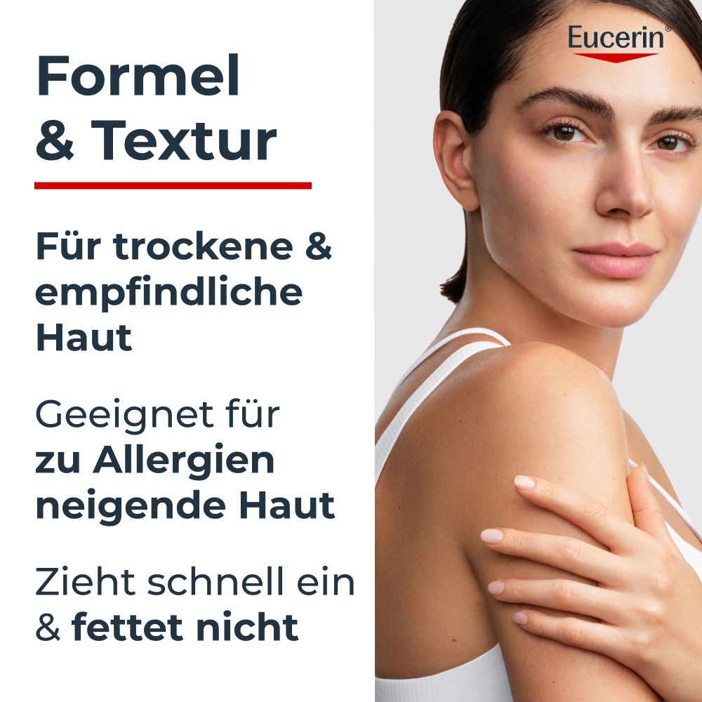 Frau mit glatter Haut, Eucerin Logo. Text: Formel & Textur für trockene Haut.