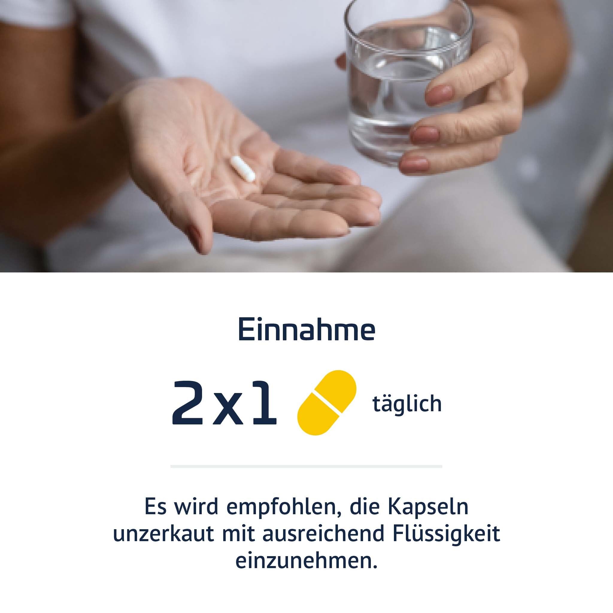 Person nimmt Kapsel mit Wasser ein. Text: "2x1 täglich".