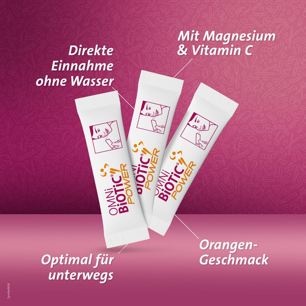 Drei OMNi-BiOTiC® POWER Sticks. Direkte Einnahme ohne Wasser. Optimal für unterwegs. Mit Magnesium & Vitamin C. Orangengeschmack.
