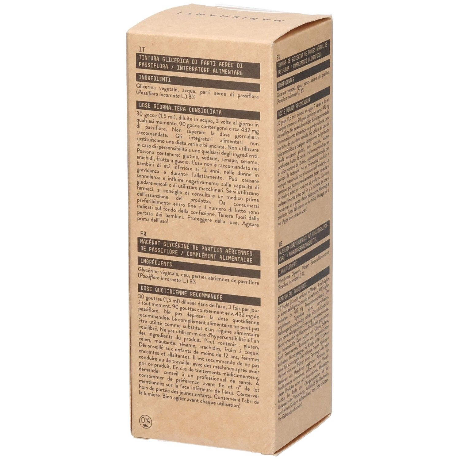 Marrishanti Passionsblumenkraut Tinktur Extrakt 100ml Kartonverpackung mit Produktinformationen.