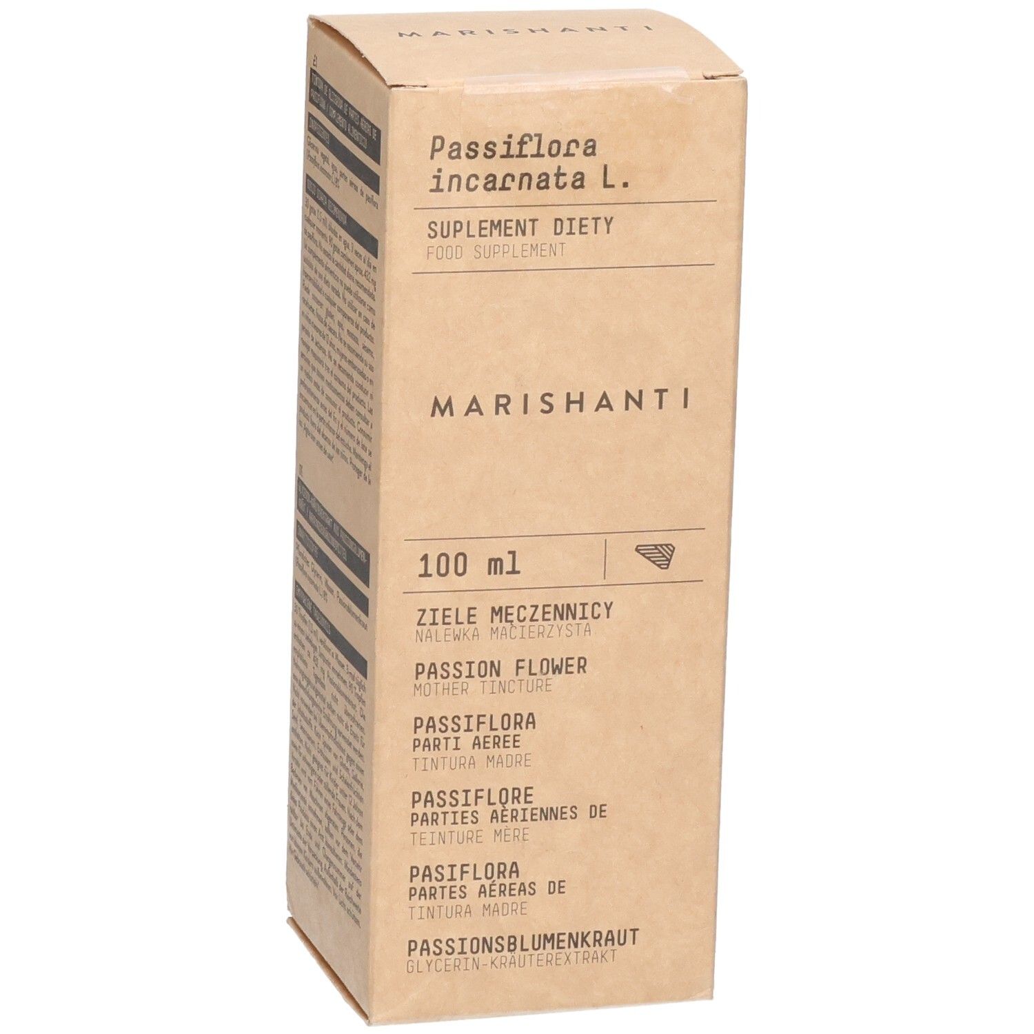 Marrishanti Passionsblumenkraut Tinktur Extrakt 100ml Kartonverpackung mit Produktinformationen.
