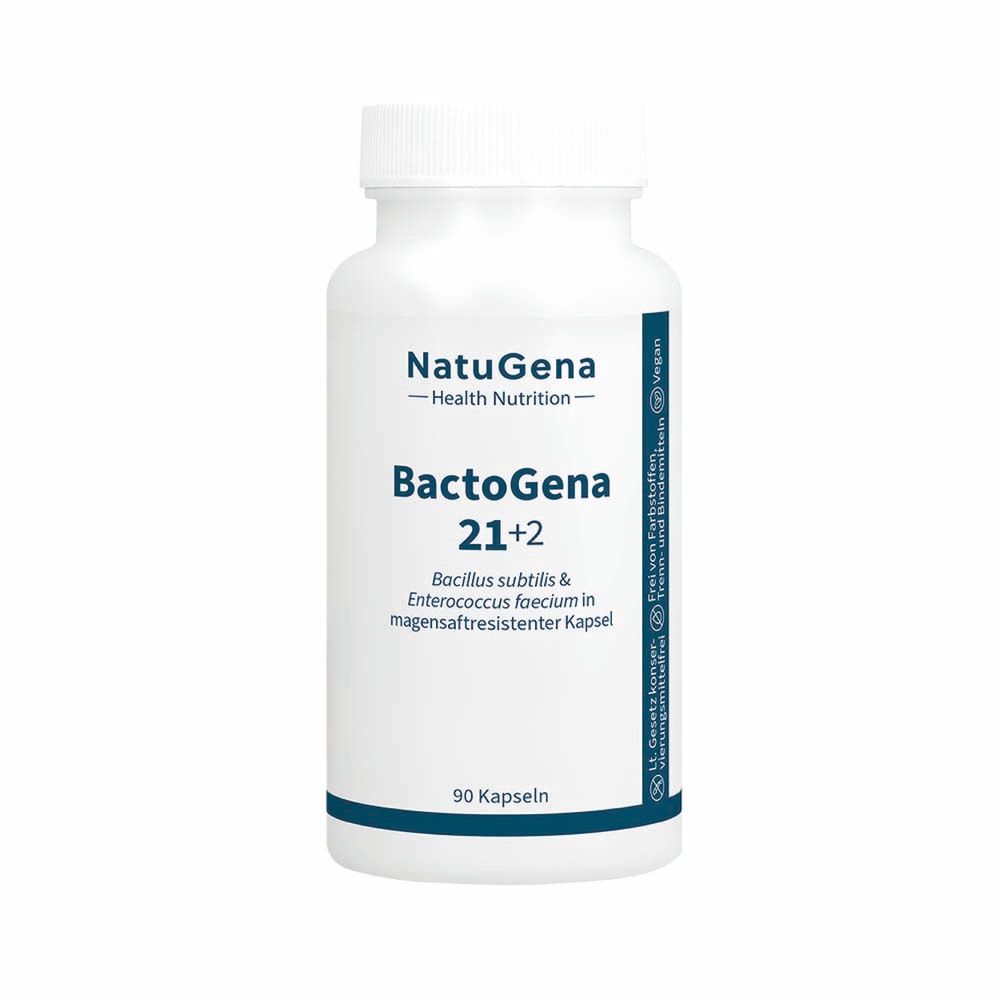Weiße Flasche mit Kapseln. Aufschrift: NatuGena, BactoGena 21+2. 90 Kapseln. Vegan.
