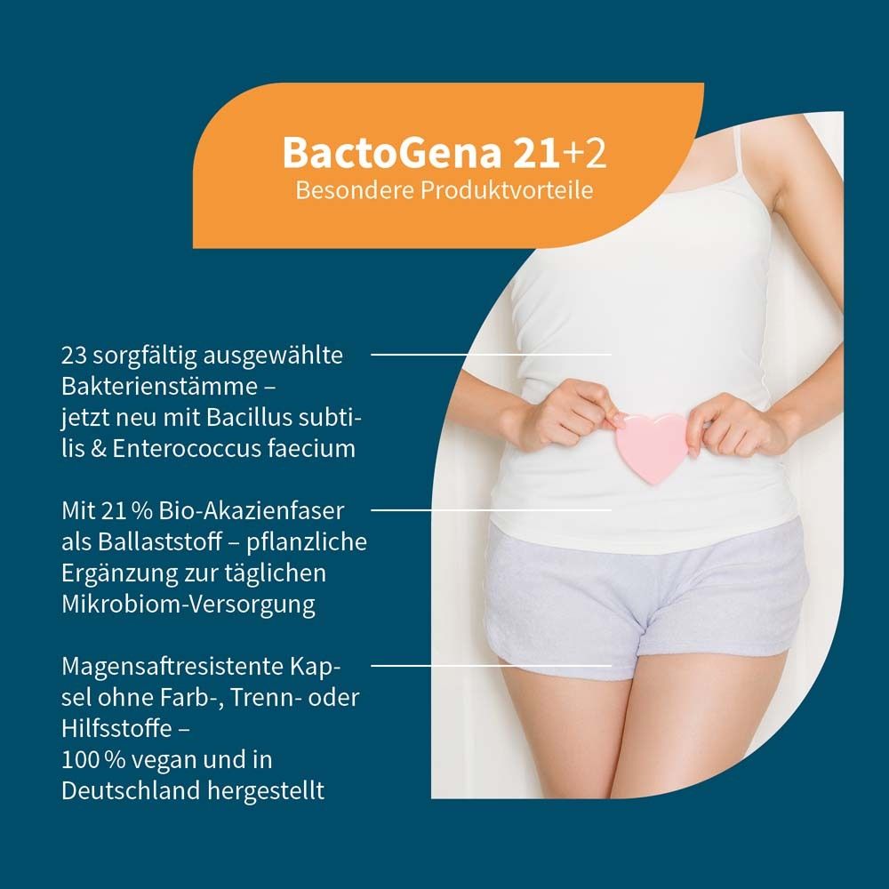 Infografik mit Frau und Herz. Text: BactoGena 21+2. 23 Bakterienstämme, 21% Bio-Akazienfaser, vegan.