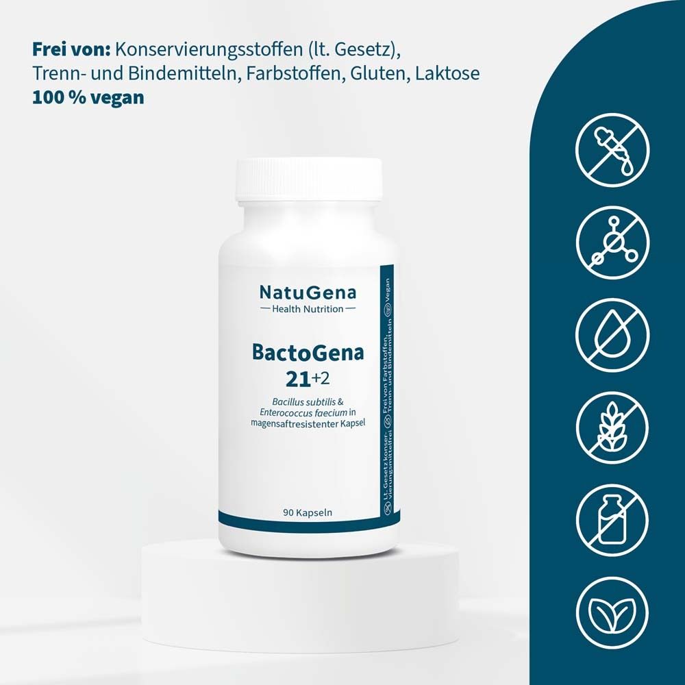 Weiße Flasche mit Kapseln. Text: NatuGena, BactoGena 21+2. Frei von: Konservierungsstoffen, Gluten, Laktose. 100% vegan.