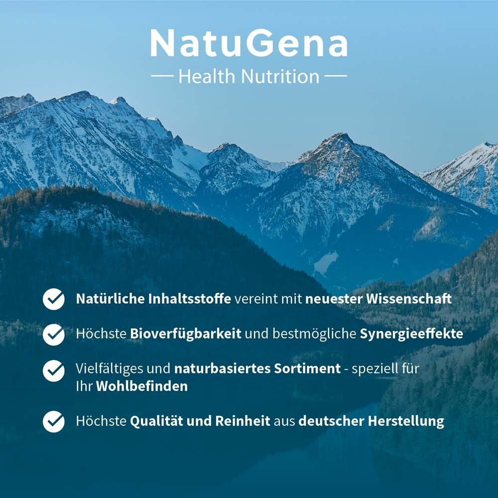 Berge im Hintergrund. Text: Natürliche Inhaltsstoffe, höchste Bioverfügbarkeit, vielfältiges Sortiment, höchste Qualität.