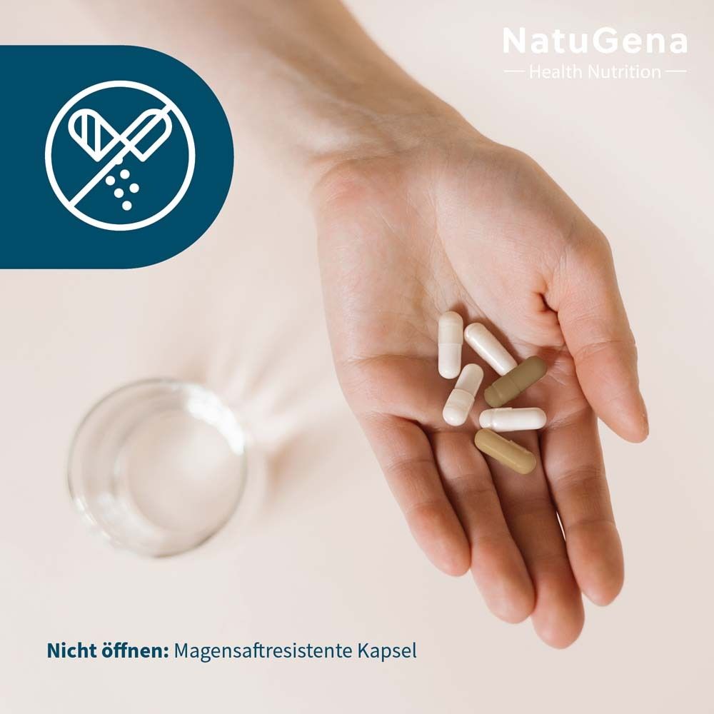 Hand mit Kapseln. Text: Nicht öffnen: magensaftresistente Kapsel.