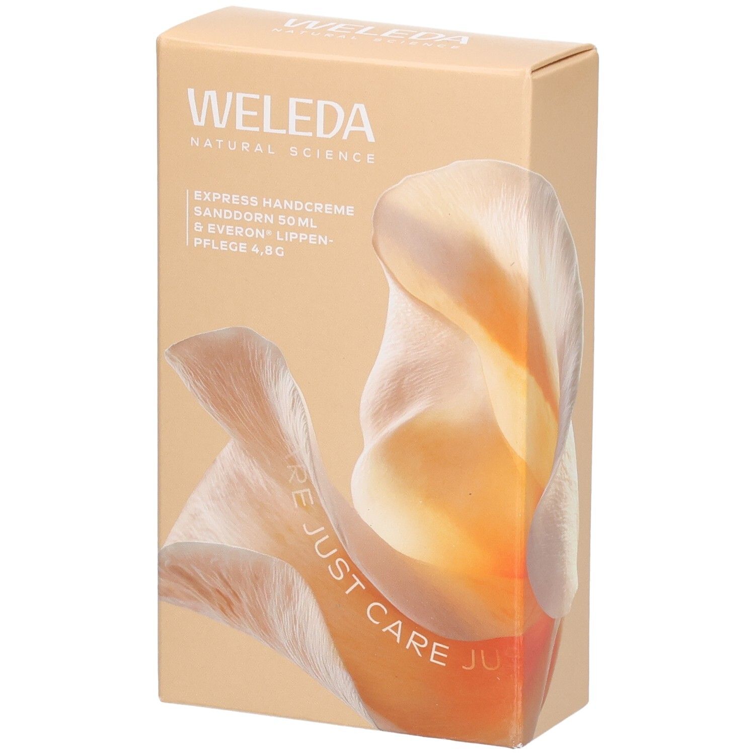 Beige Geschenkbox mit WELEDA-Logo und Produktnamen. Abbildung einer Blüte. Text: Express Handcreme, Sanddorn, Everon Lippenpflege.