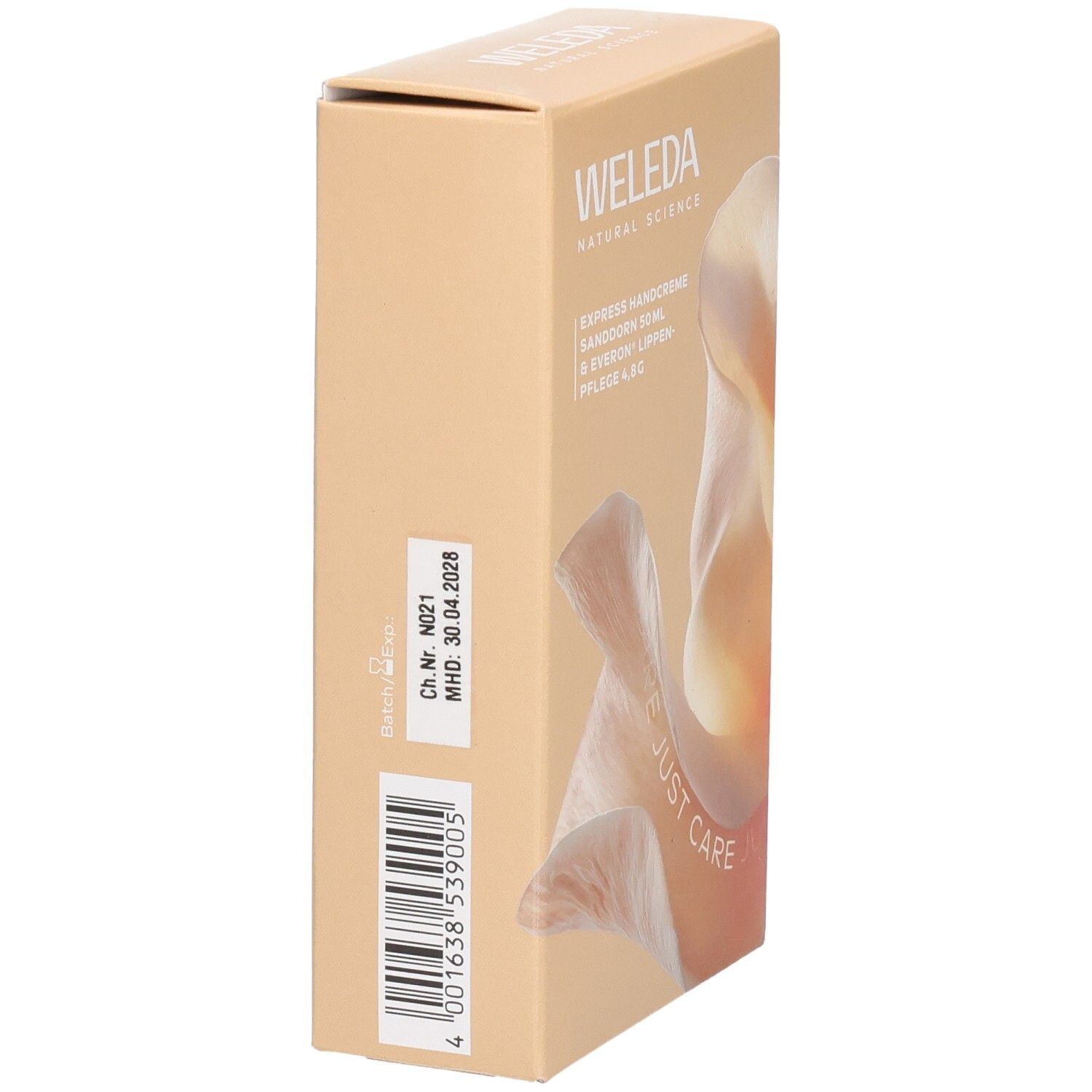 Beige Geschenkbox, Seitenansicht. WELEDA-Logo. Text: Express Handcreme, Sanddorn, Everon Lippenpflege. Barcode und Chargennummer.