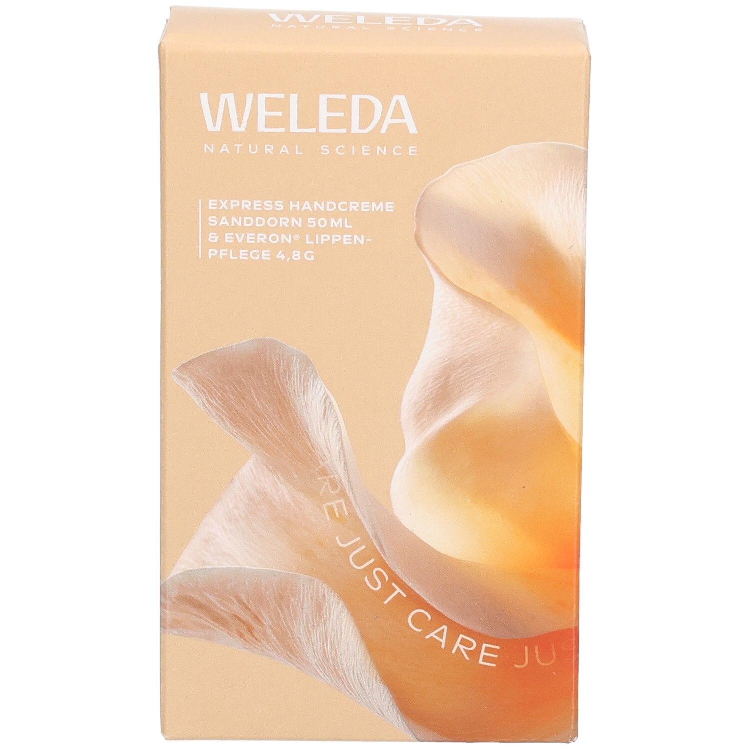 Geschenkbox, Frontansicht. WELEDA-Logo. Produktnamen: Express Handcreme, Sanddorn, Everon Lippenpflege. Abbildung einer Blüte.
