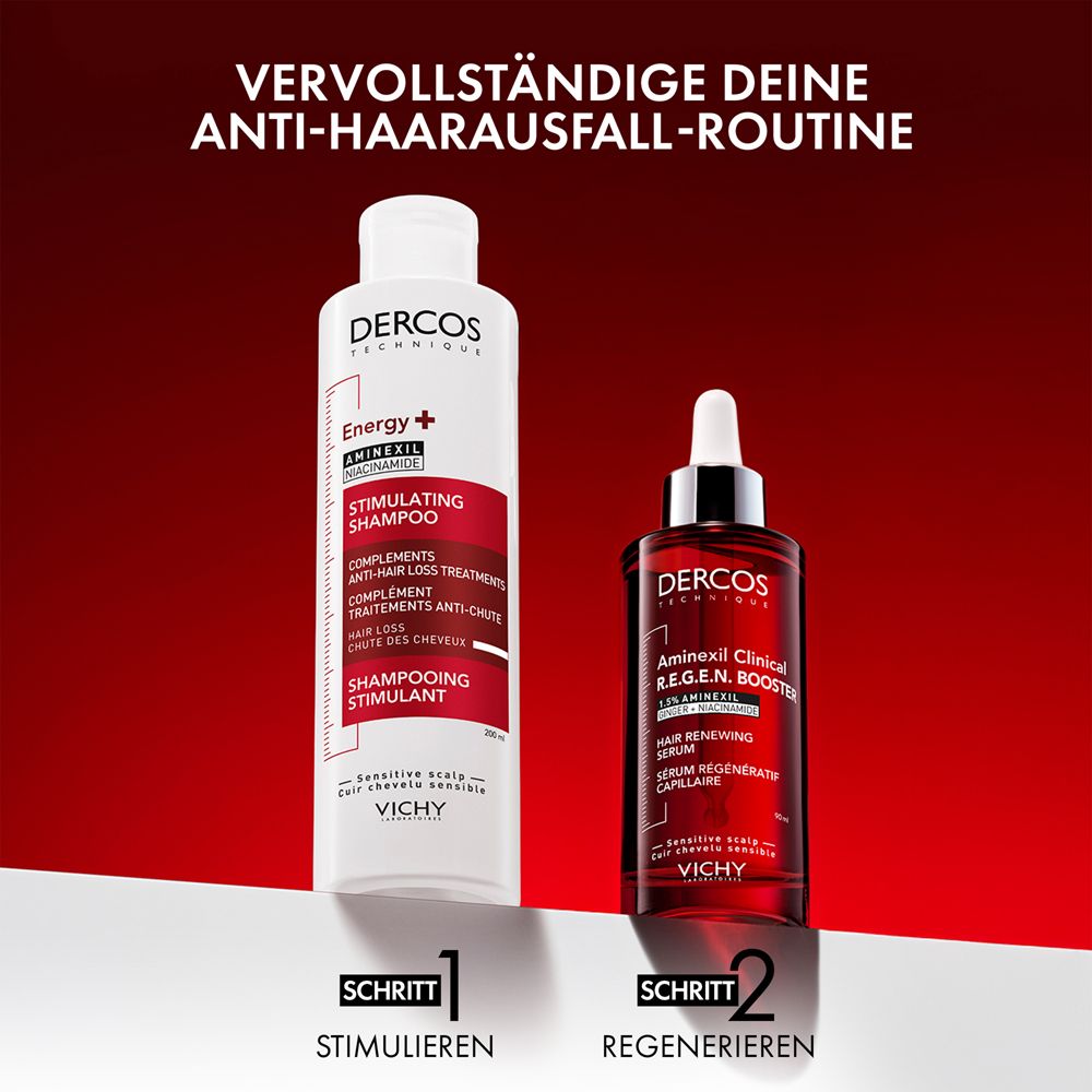 Zwei Produkte: Shampoo und Serum. Text: Vervollständige deine Anti-Haarausfall-Routine. Schritt 1: Stimulieren, Schritt 2: Regenerieren.