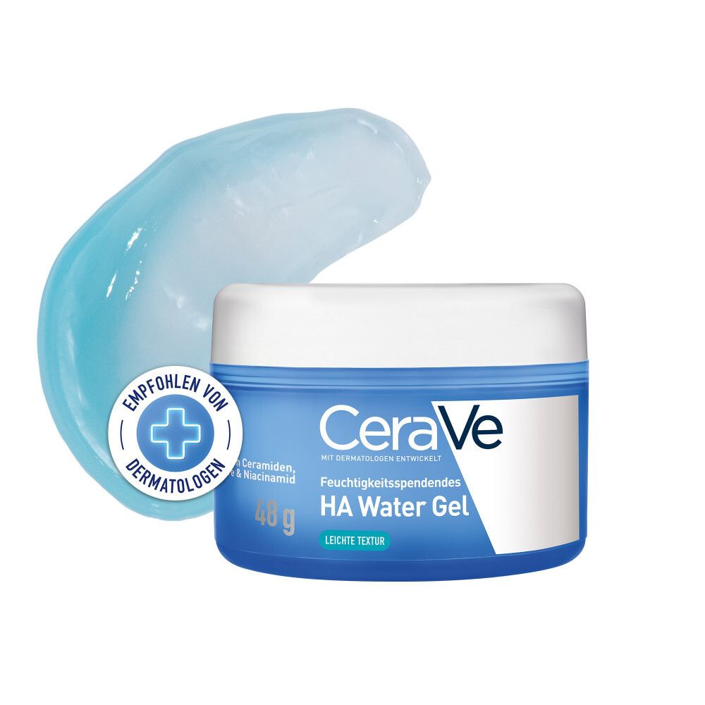 Blaues Tiegel mit weißem Deckel. Gel-Textur daneben. Aufschrift: CeraVe, HA Water Gel, 48g. Empfohlen von Dermatologen.