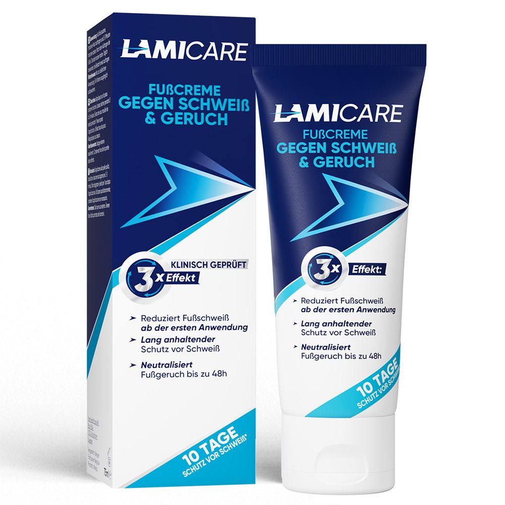 LamiCare Fußcreme gegen Fußschweiß & Fußgeruch. Tube und Verpackung. Klinisch geprüft. 3x Effekt.