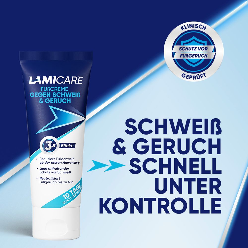 LamiCare Fußcreme. Reduziert Schweiß & Geruch. Schnell unter Kontrolle. Klinisch geprüft. Schutz vor Fußgeruch.